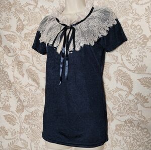 Vintage Navy Satin Top w/ White Lace Collar & Satin Tie